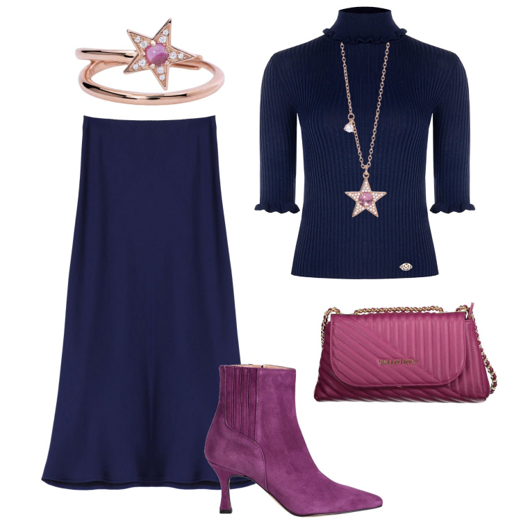 Outfit donna - Invito a cena in blu e melanzana. Stile Glamour per Serata fuori. Abbinamento con stivaletti, anelli, collane, maglieria, gonne lunghe, borse a tracolla.