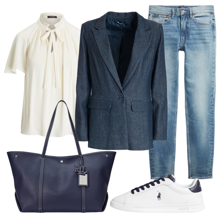 Outfit donna - Blazer jeans. Stile Casual per Tutti i giorni. Abbinamento con blazer, sneakers, camicie, jeans skinny, borse tote.