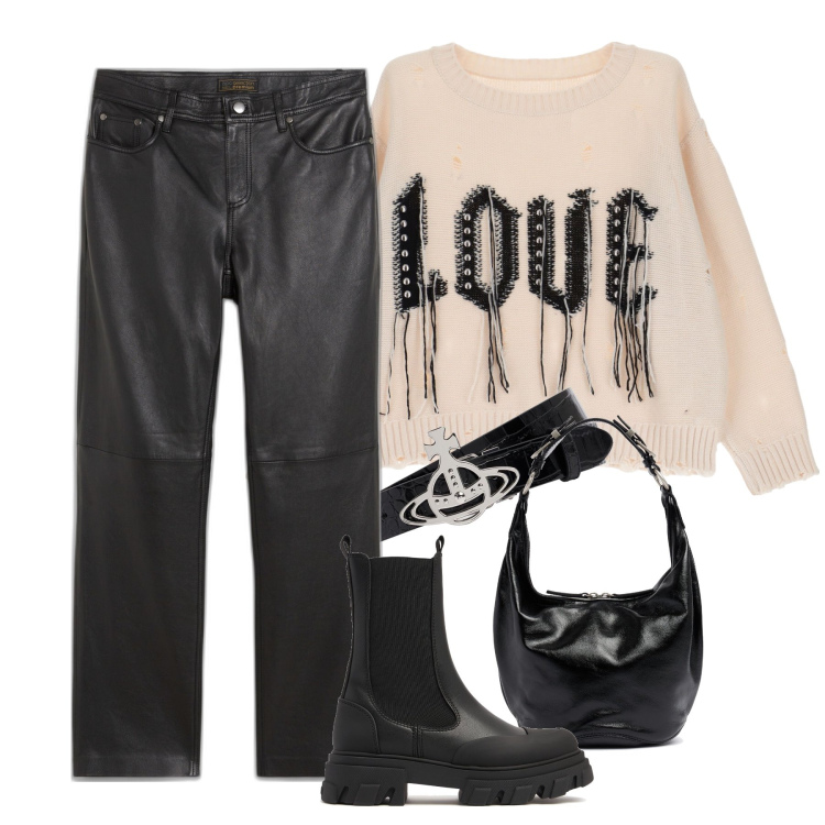 Outfit donna - Stile grintoso e originale. Stile Rock per Tutti i giorni. Abbinamento con pantaloni, maglieria, cinture, stivaletti chelsea, borse a spalla.