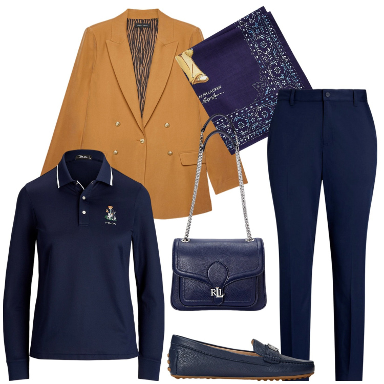 Outfit donna - Total look #1965884. Stile Casual chic per Ufficio. Abbinamento con mocassini, pantaloni, maglieria, foulard, borse a spalla, blazer.