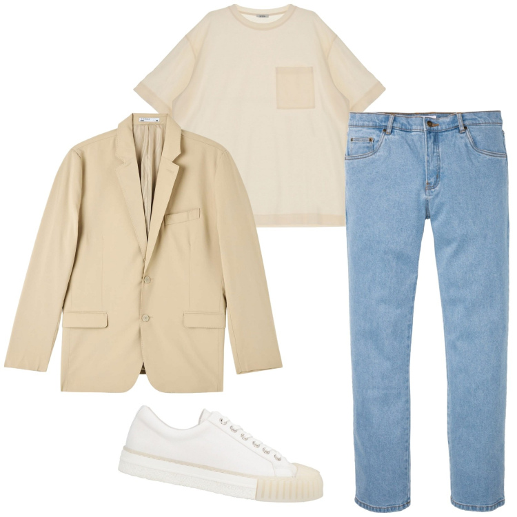 Outfit uomo - Oggi così. Stile Casual per Tutti i giorni. Abbinamento con jeans dritti, sneakers, giacche, t-shirt.