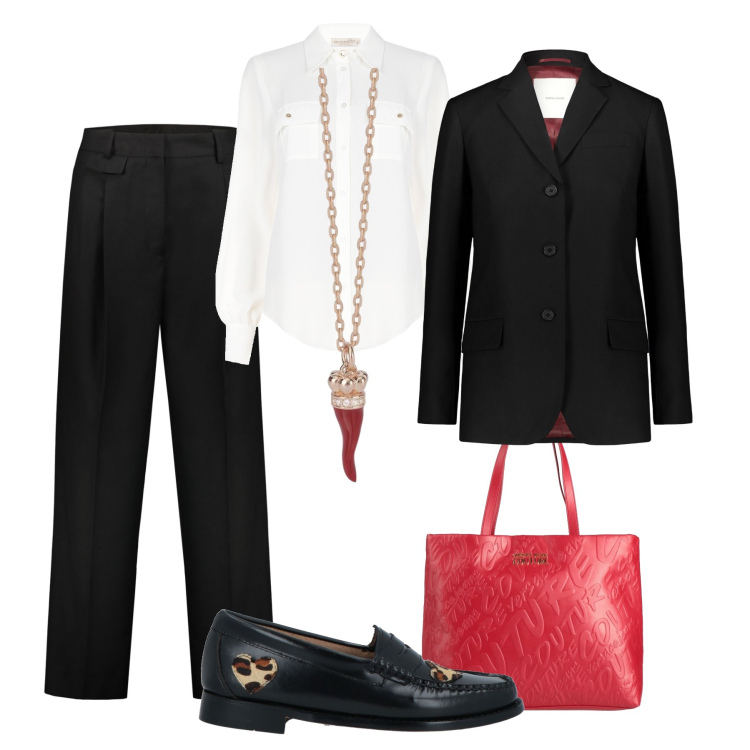 Outfit donna - Mannish con un tocco di rosso. Stile Mannish per Ufficio. Abbinamento con mocassini, borse a mano, collane, camicie, pantaloni, blazer.