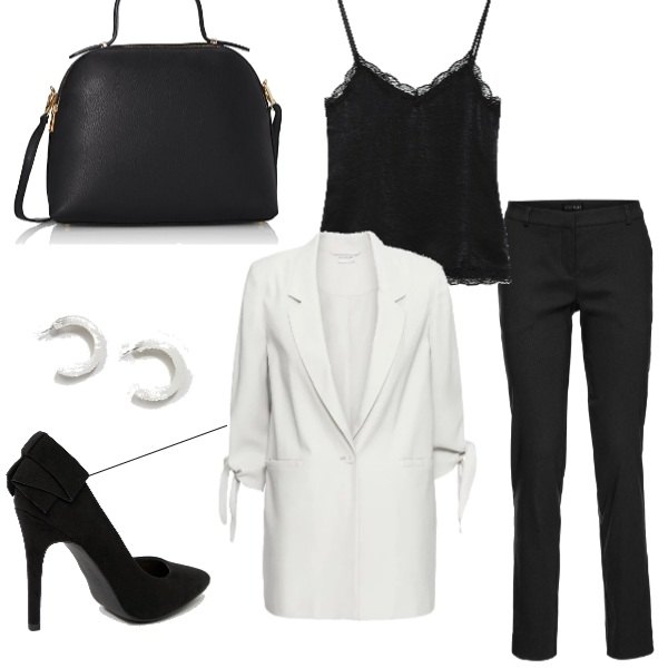 Outfit donna - In ufficio con la giacca. Stile Chic per Ufficio. Abbinamento con pantaloni, blazer taglio dritto beige, décolleté con fiocco, borsa a mano nero, orecchini farfalla, canottiera con pizzo e spalline sottili in raso.