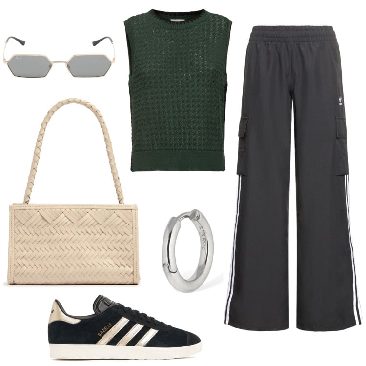 Outfit donna - Comoda in ufficio. Stile Sporty chic per Ufficio. Abbinamento con sneakers, pantaloni sportivi, maglieria, occhiali da sole, orecchini, borse a spalla.