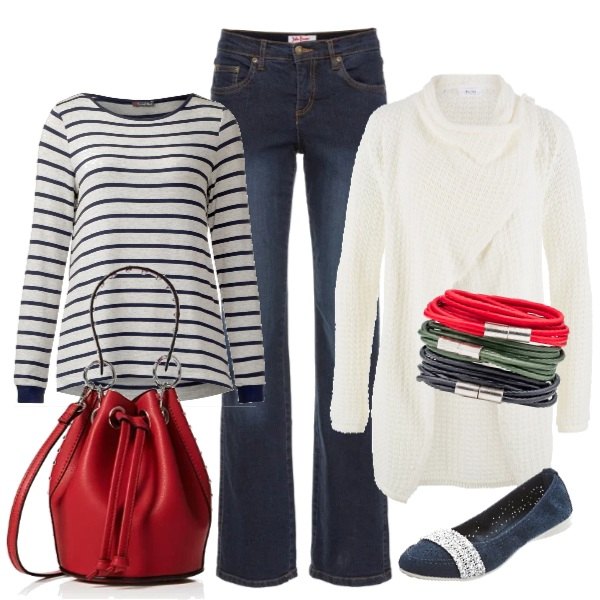 Outfit donna - Il secchiello rosso. Stile Basic per Scuola/Università. Abbinamento con jeans dritti, cardigan in in maglia bianco e corda, ballerine blu, braccialetti, t-shirt melange a maniche lunghe multicolore e bianco, borsa a tracolla mini rosso.