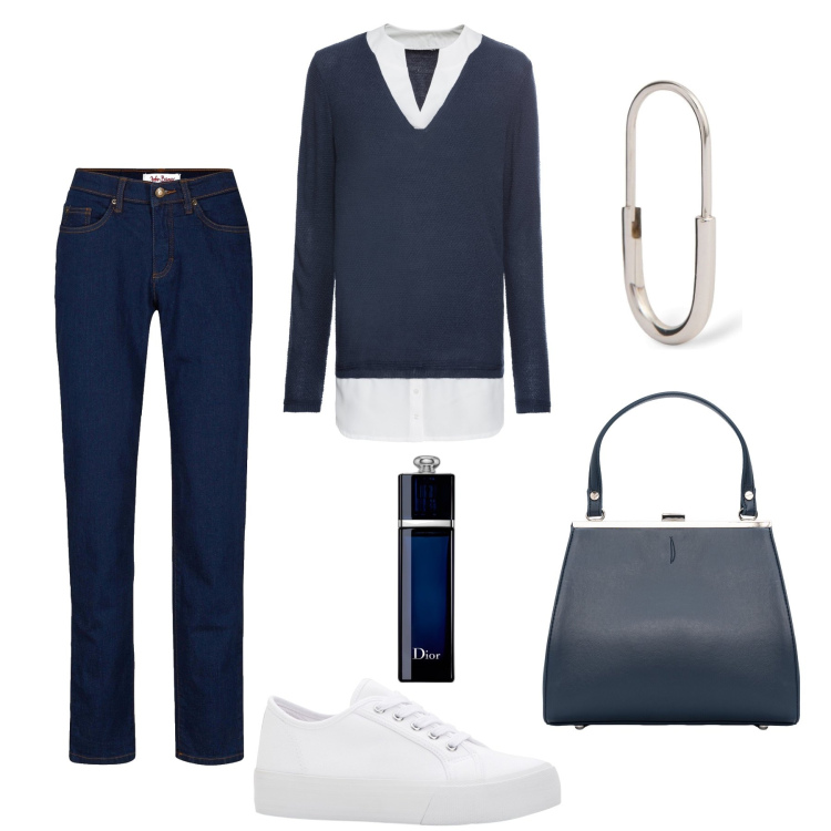 Outfit donna - Semplicità quotidiana. Stile Minimal per Tutti i giorni. Abbinamento con jeans mom, maglieria, sneakers, profumi, clutch, orecchini.