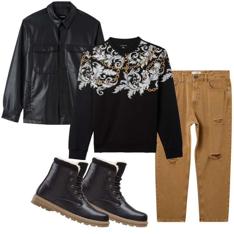 Outfit uomo - Eagle\'s fly. Stile Biker Rock per Tutti i giorni. Abbinamento con stivali e stivaletti, felpe, cappotti, jeans strappati.