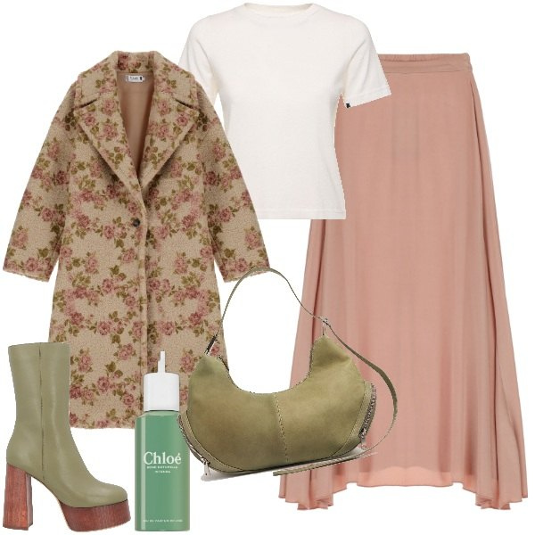 Outfit donna - Verde bosco e rosa antico. Stile Urban per Ufficio. Abbinamento con stivaletti, profumi, cappotti, gonne lunghe, t-shirt, borse a spalla.