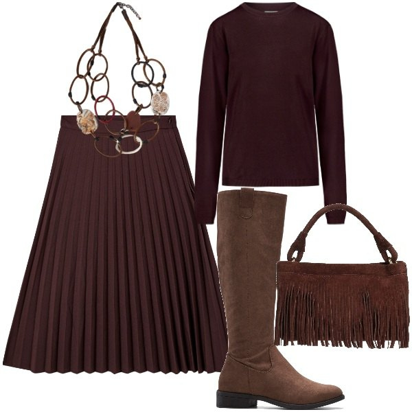 Outfit donna - Cacao. Stile Casual per Tutti i giorni. Abbinamento con stivali, borse a mano, gonne lunghe, pullovers, collane.