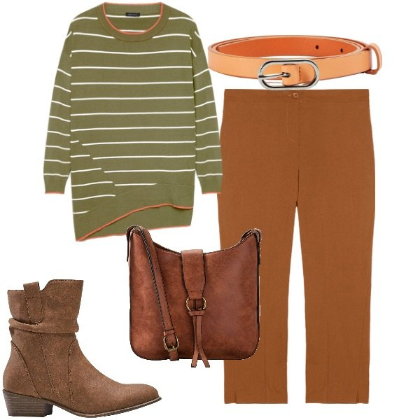 Outfit donna - Cacao. Stile Casual per Tutti i giorni. Abbinamento con borse a tracolla, stivaletti texani, cinture, maglieria, pantaloni.
