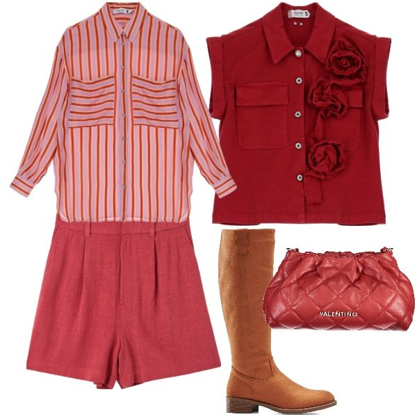 Outfit donna - Rosso. Stile Trendy per Ufficio. Abbinamento con stivali, bermuda, gilet, camicie, borse a mano.