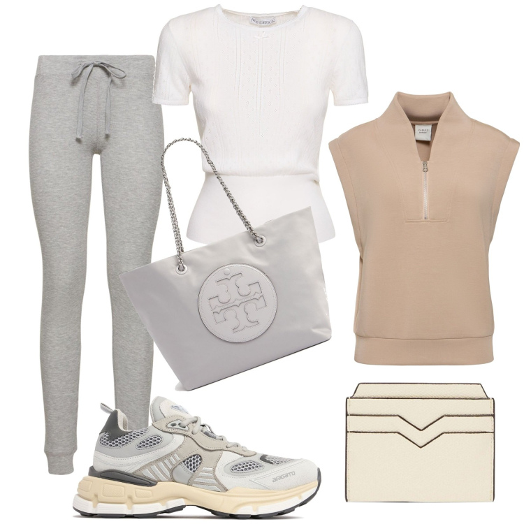 Outfit donna - Sportychic in the city. Stile Sporty chic per Tutti i giorni. Abbinamento con gilet, sneakers, pantaloni, t-shirt, shopping bag, portafogli.