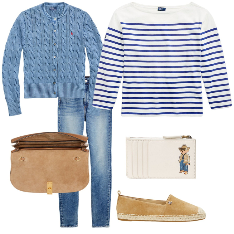 Outfit donna - La maglietta a righe. Stile Trendy per Tutti i giorni. Abbinamento con t-shirt, clutch, portafogli, cardigans, jeans slim fit, espadrillas.