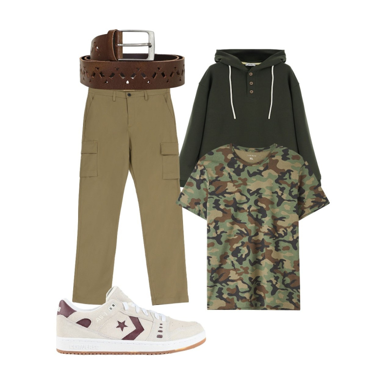 Outfit uomo - Total look #1965951. Stile Casual per Tutti i giorni. Abbinamento con sneakers, t-shirt, felpe con cappuccio, cinture, pantaloni cargo.