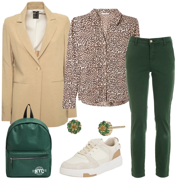 Outfit donna - Total look #1965952. Stile Casual per Scuola/Università. Abbinamento con zaini, sneakers, camicie, orecchini, pantaloni, blazer.