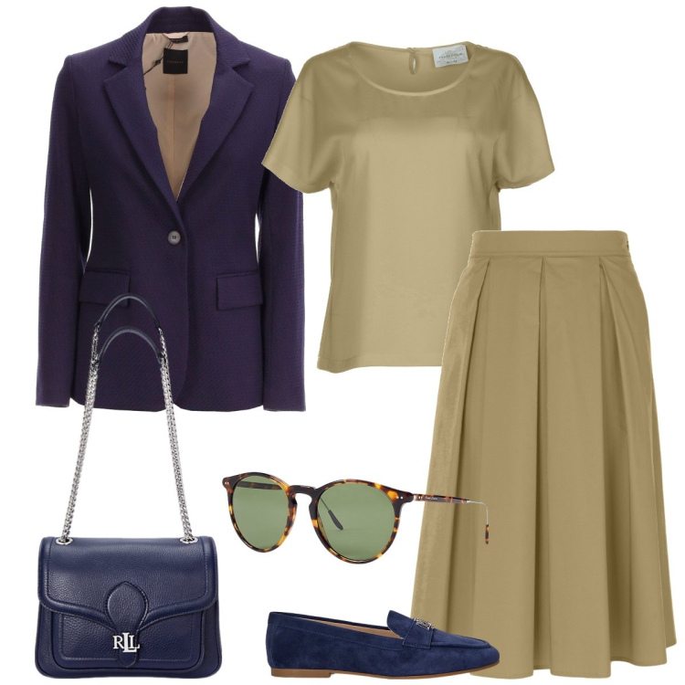 Outfit donna - Total look #1965961. Stile Basic per Ufficio. Abbinamento con mocassini, borse a spalla, occhiali da sole, blazer, gonne longuette, bluse.