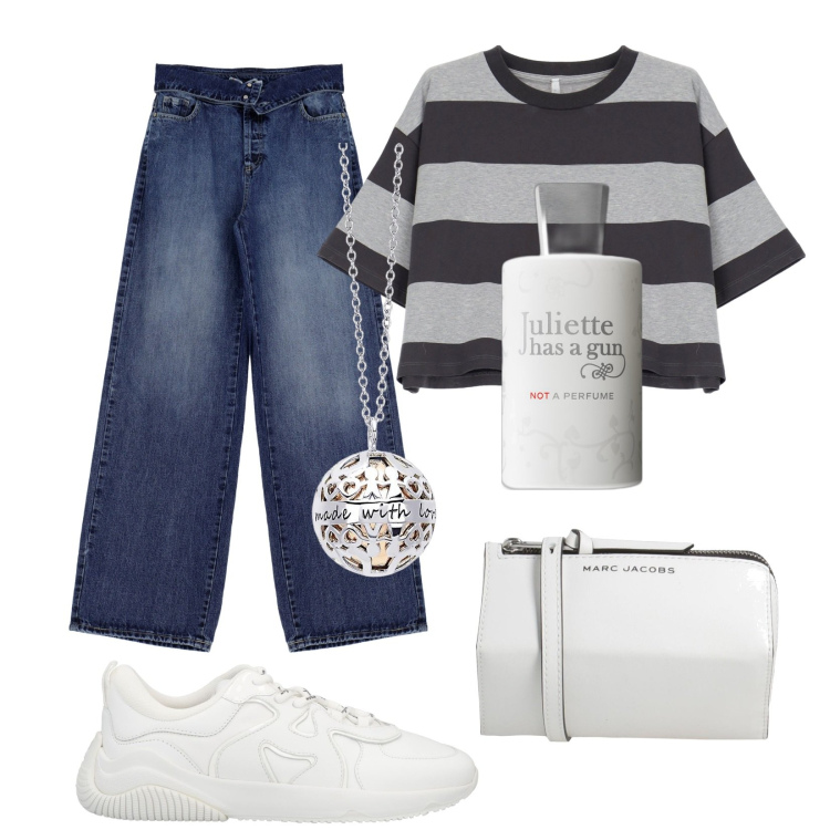 Outfit donna - Giulia. Stile Basic per Tutti i giorni. Abbinamento con sneakers, borse a tracolla, profumi, jeans, collane, t-shirt.