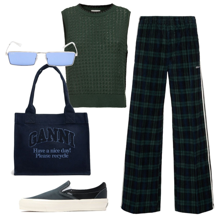 Outfit donna - Back to University. Stile Preppy per Scuola/Università. Abbinamento con pantaloni, maglieria, shopping bag, sneakers, occhiali da sole.