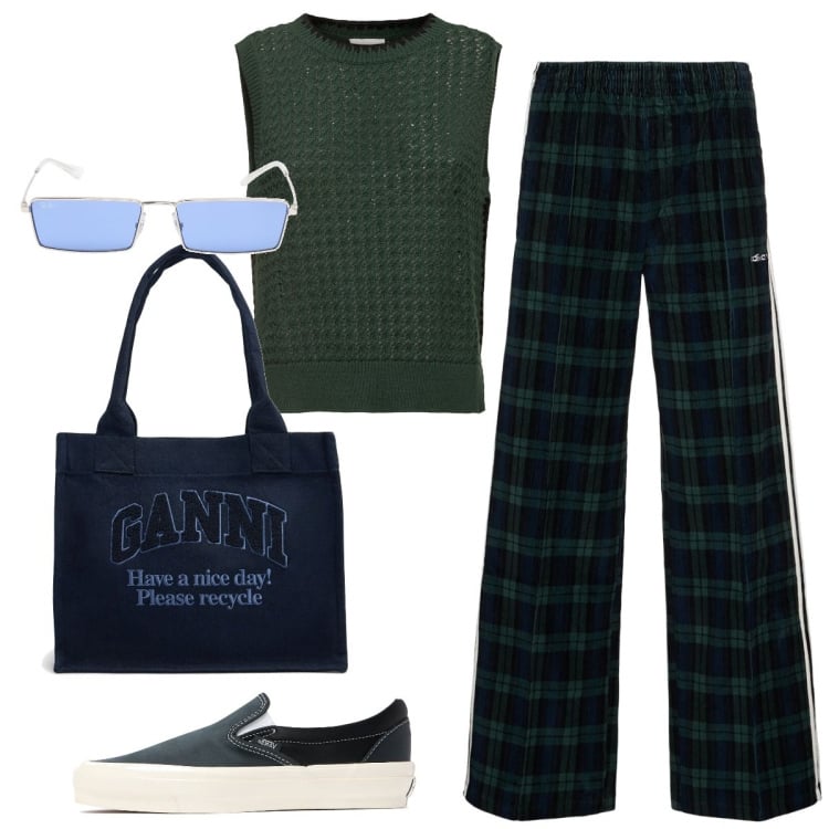 Outfit donna - Back to University. Stile Preppy per Scuola/Università. Abbinamento con pantaloni, maglieria, shopping bag, sneakers, occhiali da sole.
