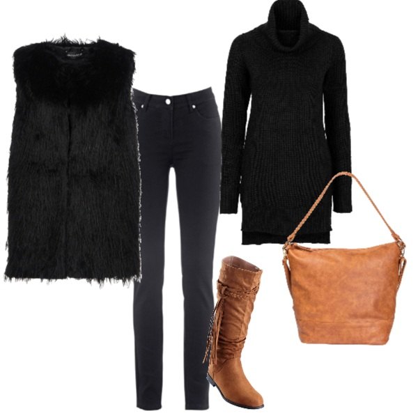 Outfit donna - Gilet di pelliccia e dettagli cognac. Stile Trendy per Tutti i giorni. Abbinamento con jeans slim fit, pullover spacchi laterali collo alto nero, stivali, borsa a tracolla marrone, ecopelliccia.