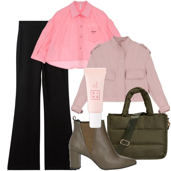 Outfit donna - Città a settembre. Stile Casual per Tutti i giorni. Abbinamento con stivaletti chelsea, primer, pantaloni, shopping bag, blazer, camicie.