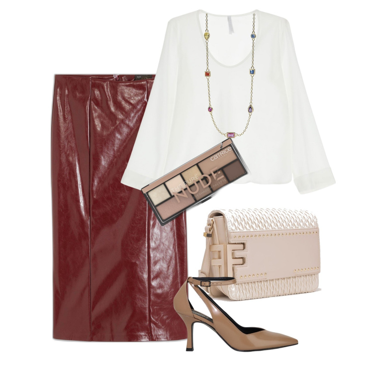 Outfit donna - La gonna protagonista. Stile Chic per Serata fuori. Abbinamento con gonne, ombretti, collane, borse a tracolla, camicie, décolleté.