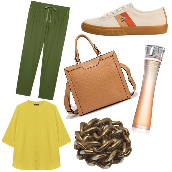 Outfit donna - Total look #1966019. Stile Casual per Tutti i giorni. Abbinamento con profumi, borse tote, sneakers, anelli, camicie, pantaloni.