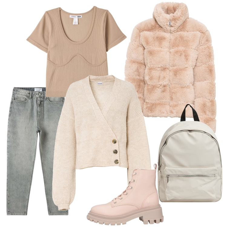 Outfit donna - Total look #1966025. Stile Glamour per Scuola/Università. Abbinamento con ecopellicce, maglieria, anfibi, t-shirt, zaini, jeans mom.