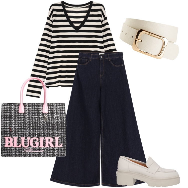 Outfit donna - Mix di fantasie. Stile Trendy per Ufficio. Abbinamento con cinture, borse a mano, mocassini, jeans, maglieria.