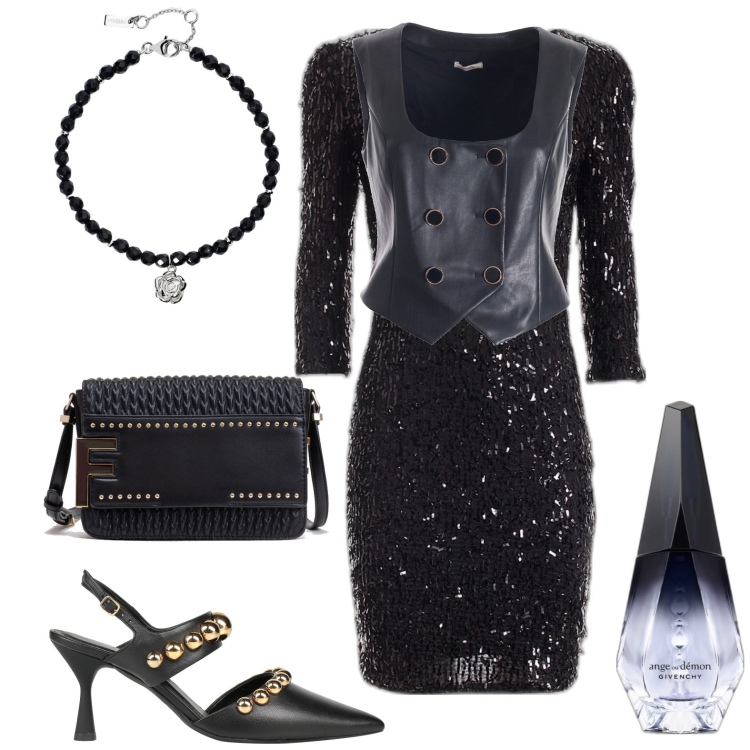 Outfit donna - Total look #1966037. Stile Chic per Serata fuori. Abbinamento con décolleté, profumi, braccialetti, vestiti corti, borse a tracolla, gilet.