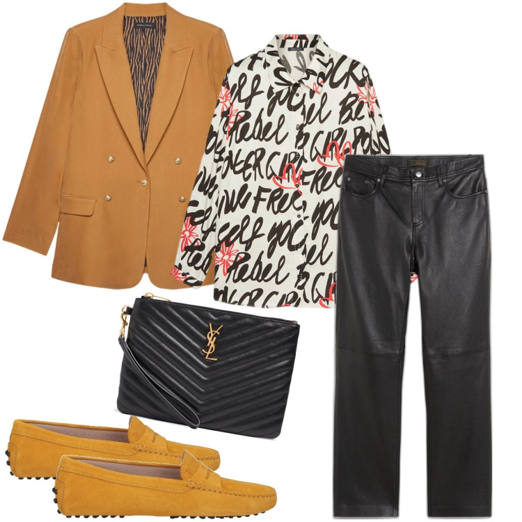 Outfit donna - La camicia con le scritte. Stile Trendy per Serata fuori. Abbinamento con pantaloni, mocassini, pochette, blazer, camicie.