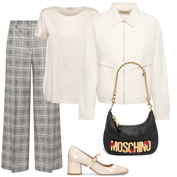 Outfit donna - Pomeriggio con le amiche. Stile Casual chic per Tutti i giorni. Abbinamento con pantaloni, blazer, décolleté, t-shirt, borse a spalla.