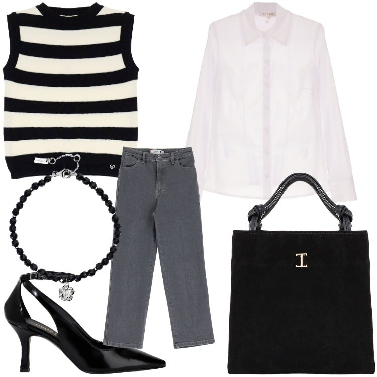 Outfit donna - Jeans grigi. Stile Casual chic per Ufficio. Abbinamento con camicie, jeans dritti, maglieria, braccialetti, shopping bag, décolleté.