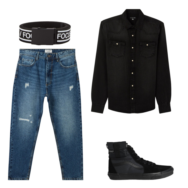 Outfit uomo - Stile minimal. Stile Trendy per Tutti i giorni. Abbinamento con sneakers alte, camicie, cinture, jeans strappati.