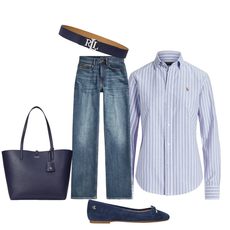 Outfit donna - In ufficio con jeans e camicia rigata. Stile Minimal per Ufficio. Abbinamento con camicie, cinture, ballerine, jeans dritti, borse tote.