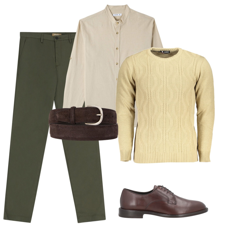 Outfit uomo - Verde marrone e panna. Stile Casual per Tutti i giorni. Abbinamento con scarpe stringate, camicie, pantaloni chino, maglieria, cinture.