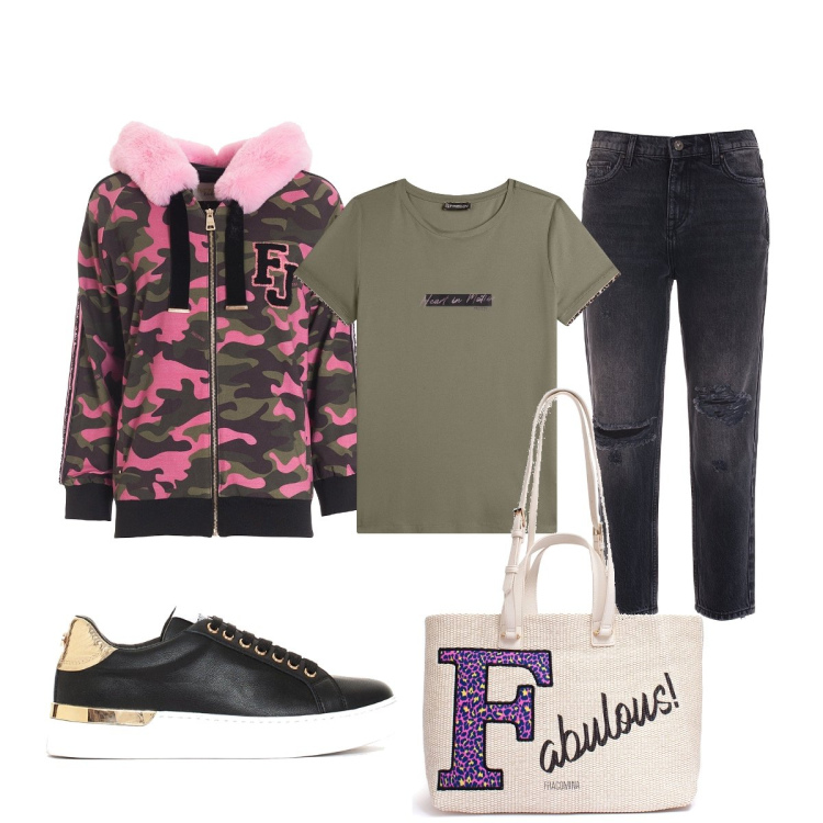 Outfit donna - Casual con le amiche. Stile Casual per Serata fuori. Abbinamento con felpe con cappuccio, jeans boyfriend, sneakers, borse a tracolla, t-shirt.