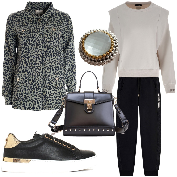 Outfit donna - Sempre casual - grrrr leopardo. Stile Casual per Ufficio. Abbinamento con sneakers, giacche, borse tote, pantaloni, maglieria, anelli.