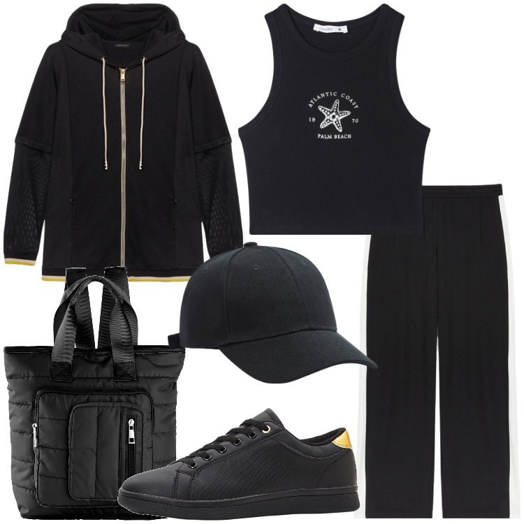 Outfit donna - Total black per lo sport. Stile Casual per Sport. Abbinamento con sneakers, zaini, cappelli, canottiere, felpe con cappuccio, pantaloni.