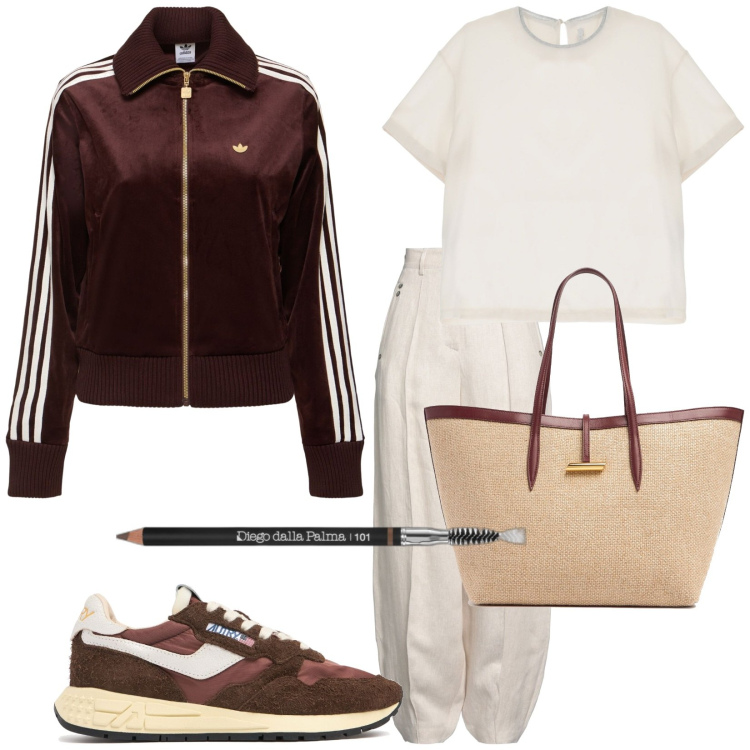 Outfit donna - Aperiamo. Stile Sporty chic per Tutti i giorni. Abbinamento con jeans, matite sopracciglia, t-shirt, sneakers, shopping bag, giacche sportive.