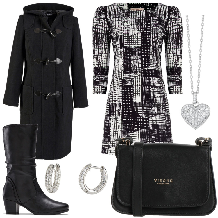 Outfit donna - Optical per ufficio. Stile Trendy per Ufficio. Abbinamento con stivali, montgomery, borse a tracolla, collane, orecchini, vestiti a tubino.