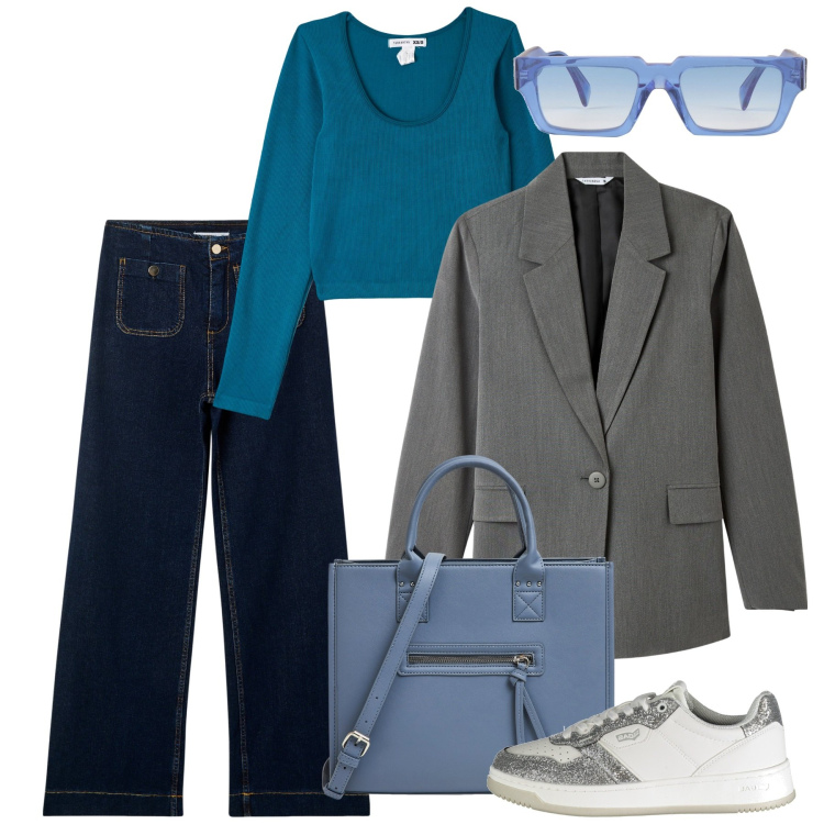 Outfit donna - Basic ma chic. Stile Basic per Tutti i giorni. Abbinamento con occhiali da sole, blazer, t-shirt, jeans, shopping bag, sneakers.