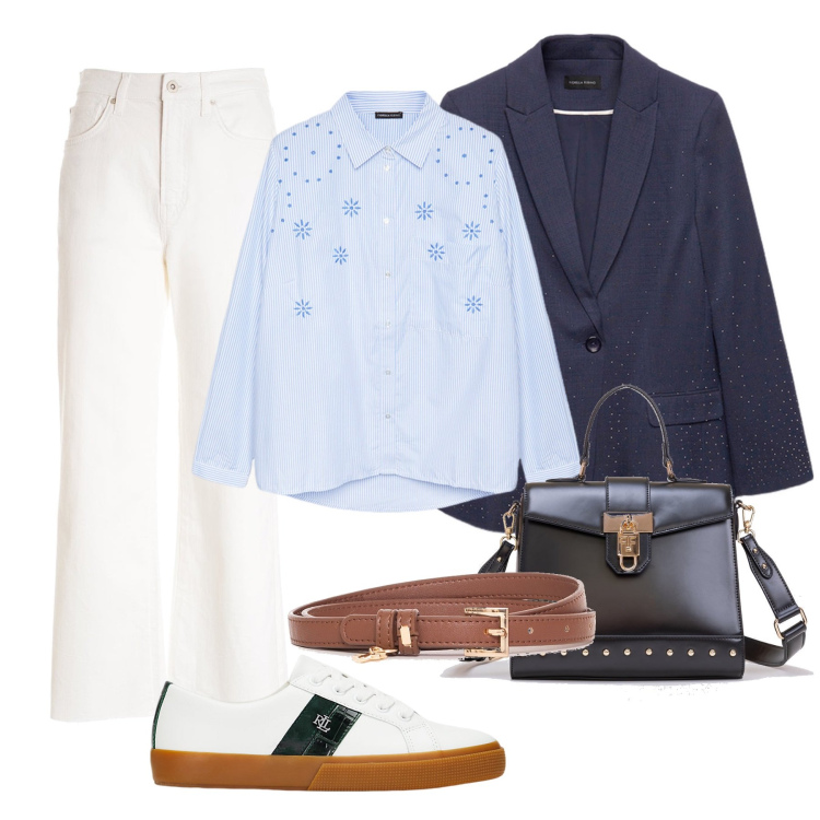 Outfit donna - Saluto all’estate. Stile Casual chic per Tutti i giorni. Abbinamento con pantaloni culotte, cinture, borse tote, sneakers, blazer, camicie.