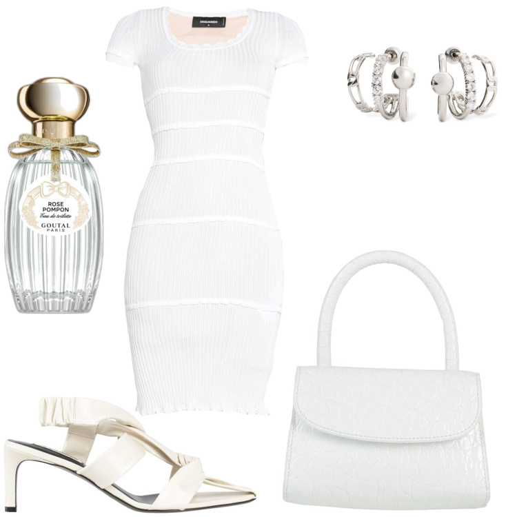 Outfit donna - Bianco giardino fiorito. Stile Chic per Tutti i giorni. Abbinamento con vestiti midi/longuette, borse a mano, sandali in pelle, profumi, orecchini.