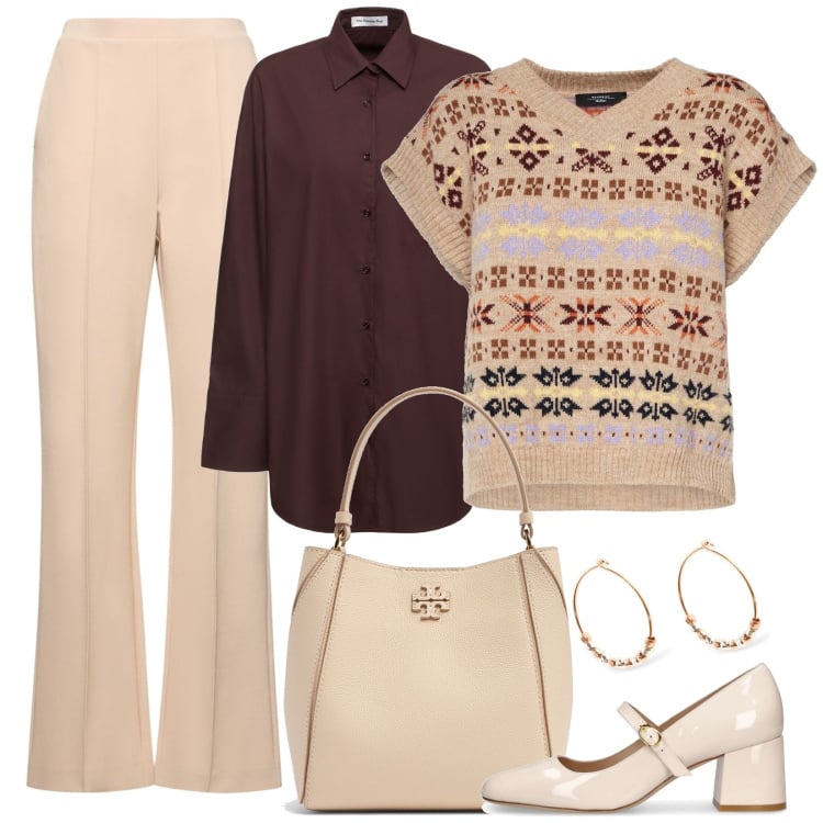 Outfit donna - Color crema. Stile Casual chic per Ufficio. Abbinamento con gilet, décolleté, pantaloni, orecchini, camicie, borse a mano.