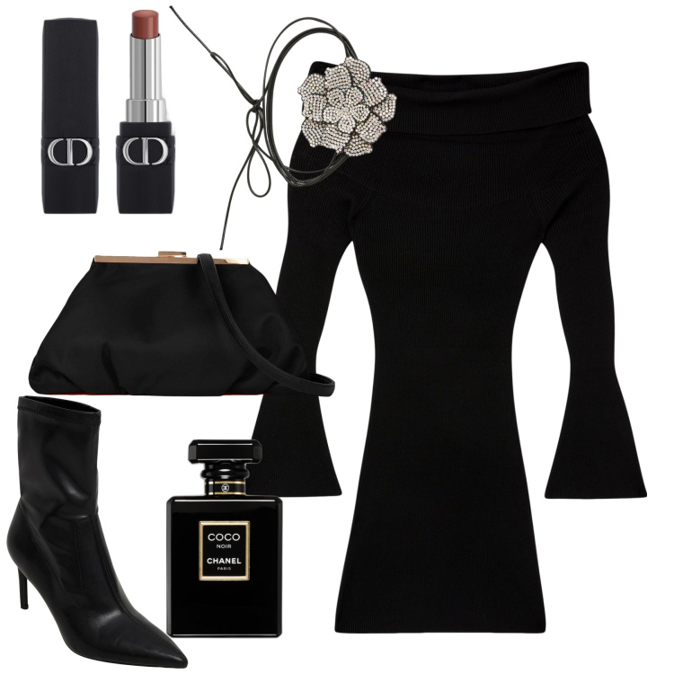 Outfit donna - Scollo Shiffer per la sera. Stile Sexy per Serata fuori. Abbinamento con profumi, rossetti, vestiti corti, stivaletti, collane, pochette.