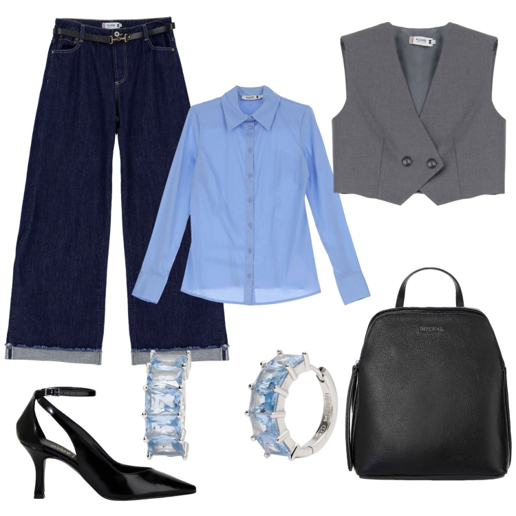 Outfit donna - Total look #1966237. Stile Casual chic per Ufficio. Abbinamento con camicie, jeans, gilet, orecchini, zaini, décolleté.