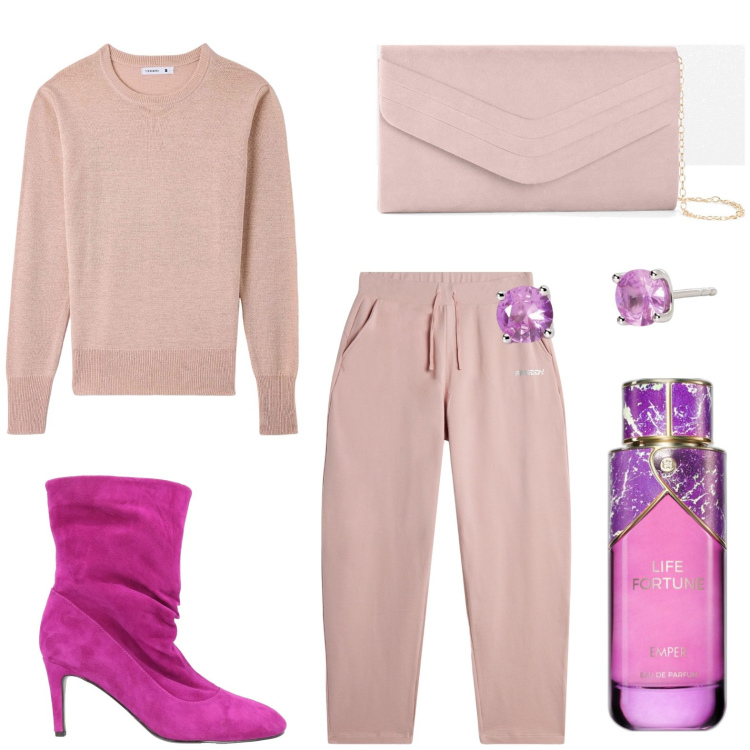Outfit donna - Stivaletto ciclamino. Stile Glamour per Ufficio. Abbinamento con pochette, stivaletti, profumi, maglieria, orecchini, pantaloni.