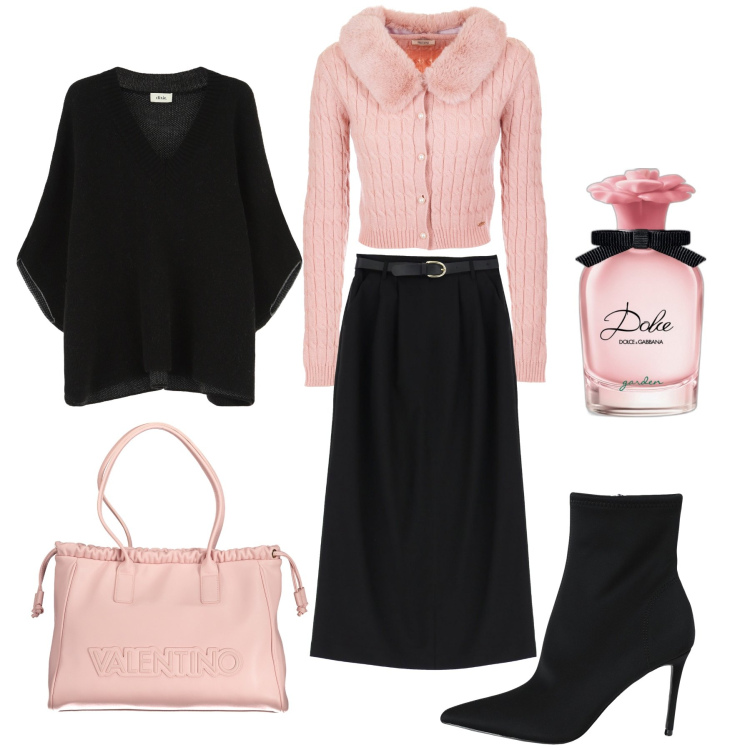 Outfit donna - Serata morbida. Stile Bon Ton per Serata fuori. Abbinamento con stivaletti, profumi, gonne lunghe, cardigans, cappotti, borse a spalla.