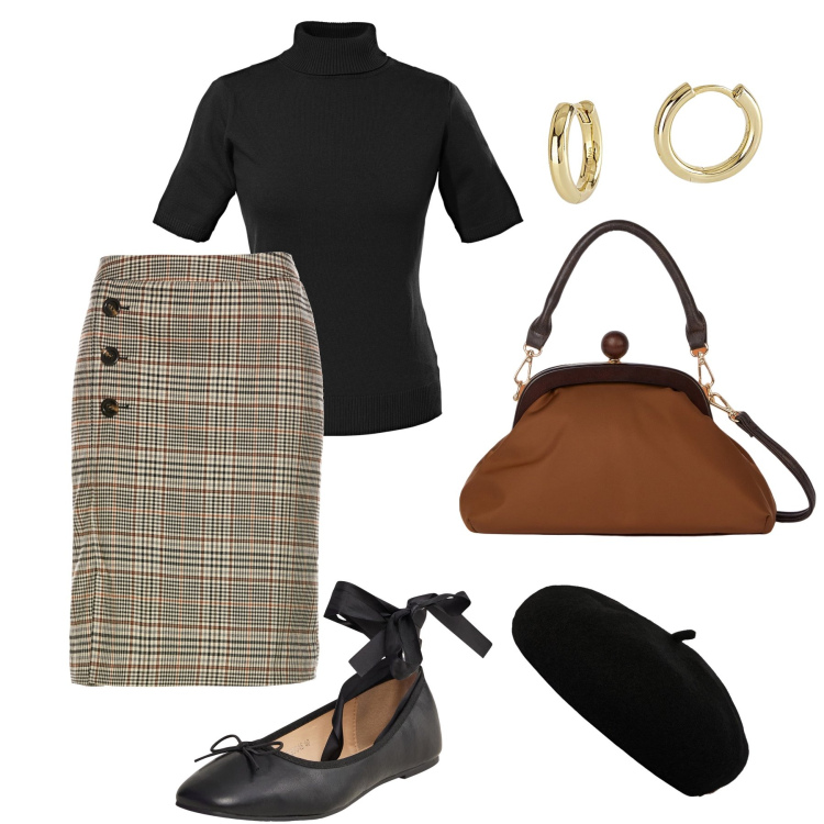 Outfit donna - Stile parigino in città !. Stile Vintage retrò per Tutti i giorni. Abbinamento con gonne, maglieria, ballerine, orecchini, cappelli e berretti, clutch.